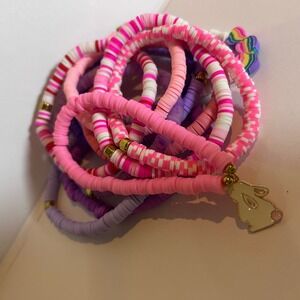 Stackable Beaded Bracelets Pink Purple White Rainbow Charms Bunny Rabbit Set 12